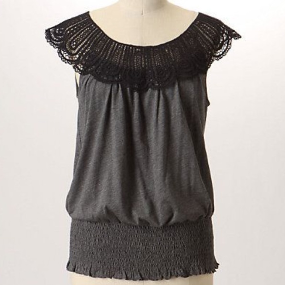 ANTHROPOLOGIE XL Ric Rac Lace Collar Banded Tee